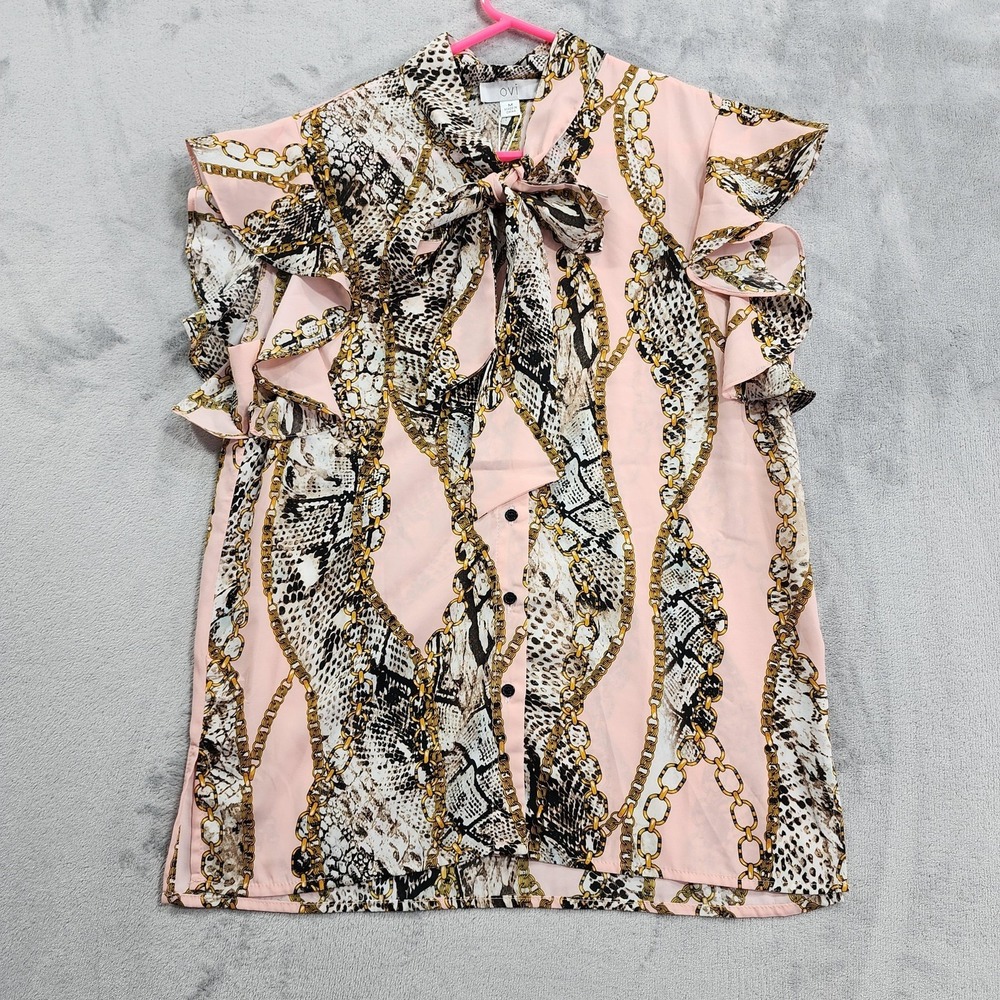 NEW Ovi Top Womens M Pink Animal Chain Print High Neck Flutter Sleeve Office